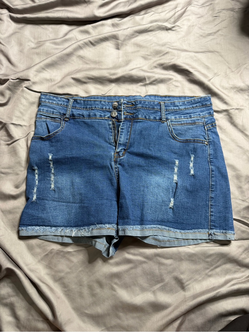 Blue Denim Double-Button Distressed Jean Shorts